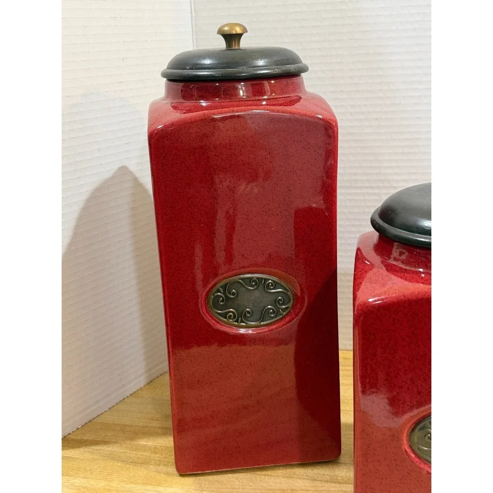 PIER 1 Import Rustic Brick Red 3 Ceramic Canister Jars Set Coffee Tea Sugar